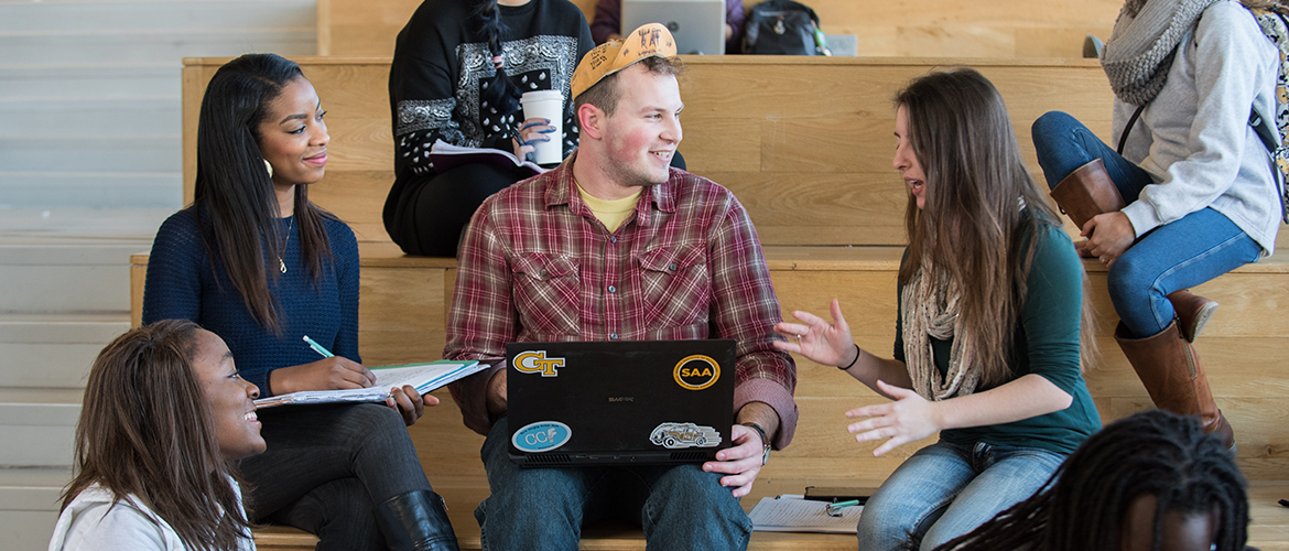 Photo of students studying in the Clough Building.