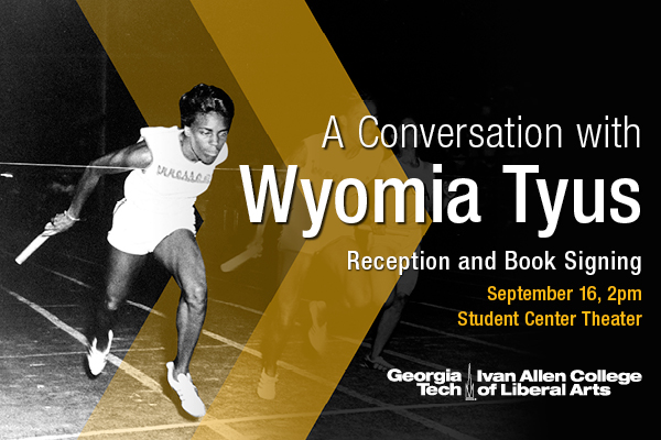Event flyer for a conversation with Wtomia Tyus featuring information and an image of the back-to-back Olympic gold medalist